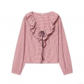 Women's Red White Gingham Ruffle V-Neck Long Sleeve Blouse Vintage Checkered Tie-Front Shirt Top Polyester Casual Sweet Style Ladies Spring Autumn Wear