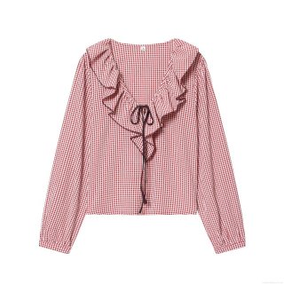 Women's Red White Gingham Ruffle V-Neck Long Sleeve Blouse Vintage Checkered Tie-Front Shirt Top Polyester Casual Sweet Style Ladies Spring Autumn Wear