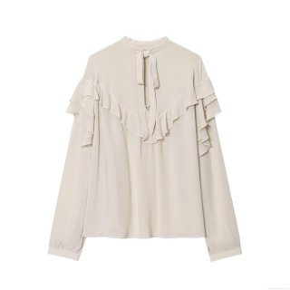 Women's Elegant Pearl Chiffon Blouse Ruffle Trim Bow Tie Neck Long Sleeve Solid Color Pullover Fashion Top For Ladies Office Daily Wear