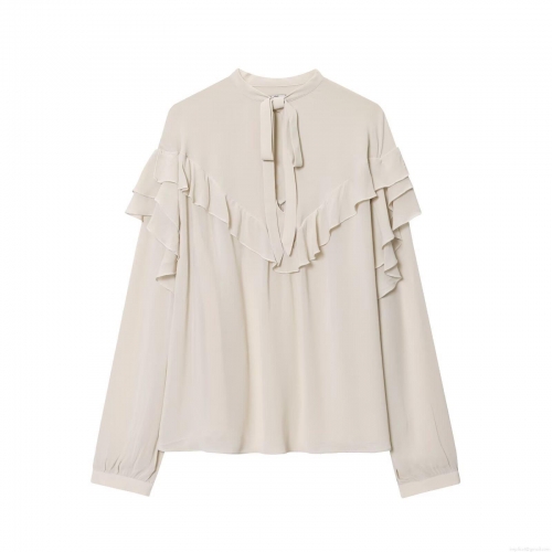 Women's Elegant Pearl Chiffon Blouse Ruffle Trim Bow Tie Neck Long Sleeve Solid Color Pullover Fashion Top For Ladies Office Daily Wear