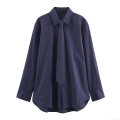 Fashion Women Long Sleeve Poplin Shirt With Tie Casual Navy Blue Solid Color Turn-down Collar Single-breasted Office Blouse Elegant Tops For Lady