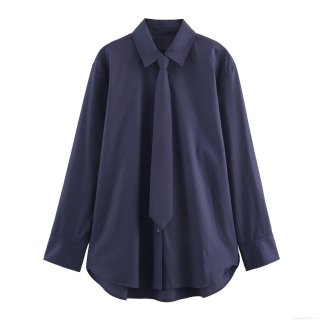 Fashion Women Long Sleeve Poplin Shirt With Tie Casual Navy Blue Solid Color Turn-down Collar Single-breasted Office Blouse Elegant Tops For Lady
