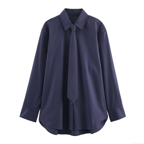 Fashion Women Long Sleeve Poplin Shirt With Tie Casual Navy Blue Solid Color Turn-down Collar Single-breasted Office Blouse Elegant Tops For Lady