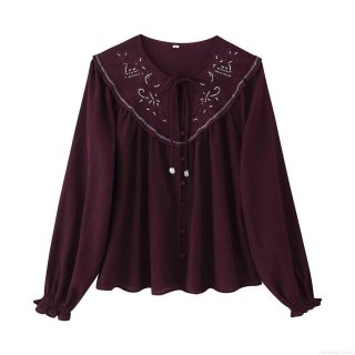 Women's Retro Maroon Long Sleeve Blouse With Exaggerated Collar Embroidery Beaded Ruffle Cuff Loose Bohemian Chiffon Shirt For Daily Vacation
