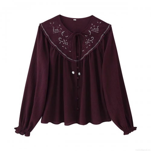 Women's Retro Maroon Long Sleeve Blouse With Exaggerated Collar Embroidery Beaded Ruffle Cuff Loose Bohemian Chiffon Shirt For Daily Vacation