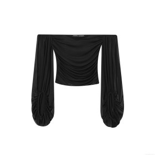 Sexy Off Shoulder Ruched Mesh Top Women Solid Black Long Lantern Sleeve Elegant Blouse For Party Date Night Sexy Off Shoulder Ruched Mesh Top Women Solid Black Long Lantern Sleeve Elegant Blouse For Party Date Night
