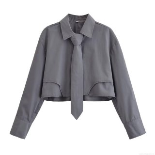 Women's Cropped Long Sleeve Polyester Shirt With Matching Tie Solid Deep Space Grey Blouse Modern Preppy Style Top For Office Daily School