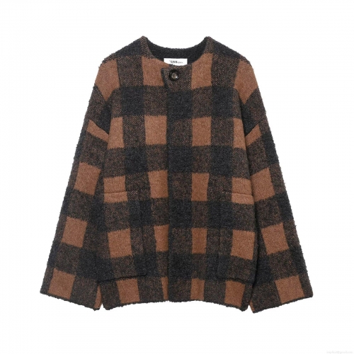 French Style Women's Plaid Knit Outerwear Round Neck Long Sleeve Button Up Fuzzy Checkerboard Cardigan Casual Warm Winter Coat
