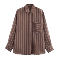 Women's Elegant Coffee White Striped Long Sleeve Shirt With Single Pocket Chic Polyester Button Down Blouse For Casual Daily Office Wear