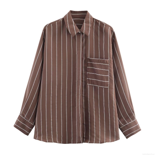 Women's Elegant Coffee White Striped Long Sleeve Shirt With Single Pocket Chic Polyester Button Down Blouse For Casual Daily Office Wear