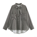 Women Vertical Stripe Long Sleeve Shirt With Bow Tie Neck Polyester Spandex Blouse Double Pockets Office Elegant Casual Fashion Top