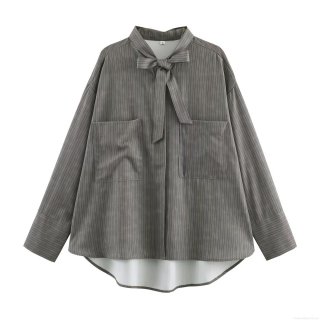 Women Vertical Stripe Long Sleeve Shirt With Bow Tie Neck Polyester Spandex Blouse Double Pockets Office Elegant Casual Fashion Top