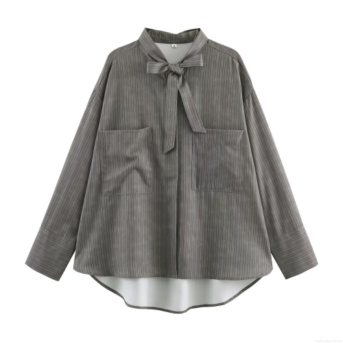 Women Vertical Stripe Long Sleeve Shirt With Bow Tie Neck Polyester Spandex Blouse Double Pockets Office Elegant Casual Fashion Top