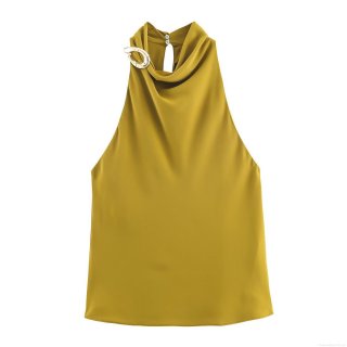 Women's Halter Neck Satin Top Sexy Backless Sleeveless Tank With Metal Ring Buckle Elegant Plain Color Party Club Blouse For Lady