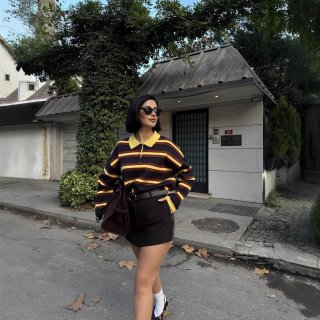 Women's Retro Striped Knit Polo Shirt Long Sleeve Lapel Button Up Loose Pullover Casual Streetwear Top for Autumn Winter