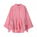 Elegant Women's Satin Ruffle Blouse Long Sleeve Stand Collar Single Breasted Solid Color Silk Like Shirt Top For Spring Office Party Casual