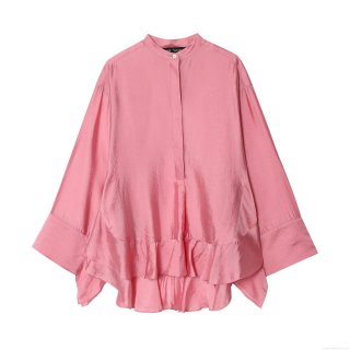 Elegant Women's Satin Ruffle Blouse Long Sleeve Stand Collar Single Breasted Solid Color Silk Like Shirt Top For Spring Office Party Casual