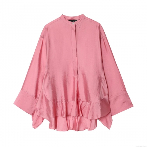 Elegant Women's Satin Ruffle Blouse Long Sleeve Stand Collar Single Breasted Solid Color Silk Like Shirt Top For Spring Office Party Casual