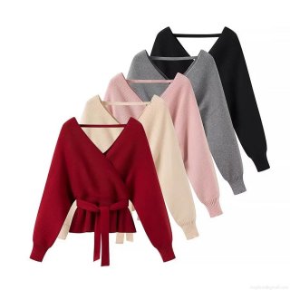 Women's Chic Wrap V-Neck Knit Sweater Casual Tie-Waist Ribbed Pullover Long Sleeve Peplum Top For Daily Date Party Ladies