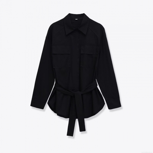 Women's Long Sleeve Workwear Shirt Solid Color Polyester Blouse With Double Pockets And Belt Casual Fashion Tops For Ladies Women's Long Sleeve Workwear Shirt Solid Color Polyester Blouse With Double Pockets And Belt Casual Fashion Tops For Ladies