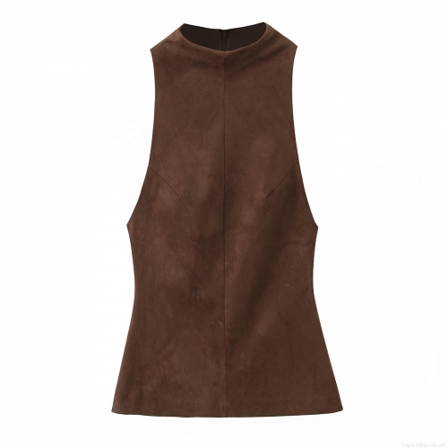 Women's Elegant High Neck Sleeveless Faux Suede Top Solid Color Slim Fit Back Zipper Tank Top For Party Clubwear Night Out