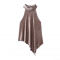 Women's Velvet Halter Neck Asymmetric Camisole Top Elegant Rose Gold Mauve Sleeveless Backless Top for Party Club Night Out Slim Fit Clothing