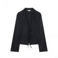 Women's Fashion Casual Long Sleeve Shirt Faux Suede Fabric Front Tie Lace Up Blouse Solid Black Elegant Top for Daily Dating Party Women Clothing
