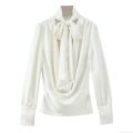 Women's Elegant Satin Blouse Bow Tie Stand Collar Long Sleeve Backless Shirt Solid Color Silky Top for Office Party Women Lady Fashion Clothing