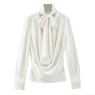 Women's Elegant Satin Blouse Bow Tie Stand Collar Long Sleeve Backless Shirt Solid Color Silky Top for Office Party Women Lady Fashion Clothing