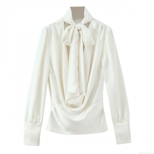 Women's Elegant Satin Blouse Bow Tie Stand Collar Long Sleeve Backless Shirt Solid Color Silky Top for Office Party Women Lady Fashion Clothing