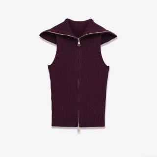 Women's Ribbed Knit Zip-up Tank Top Sleeveless Lapel Collar Crop Vest Solid Wine Red Polyester Sweater Vest for Women Daily Casual Slim Fit Top