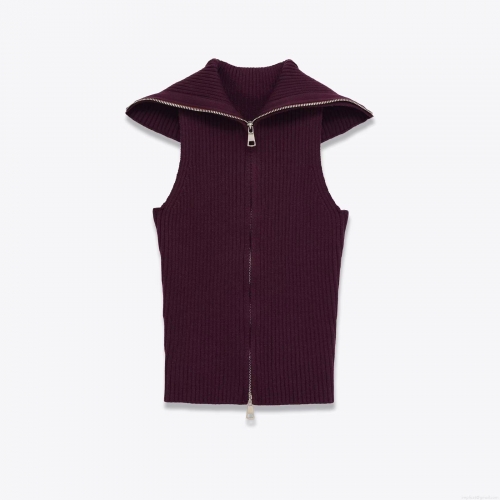 Women's Ribbed Knit Zip-up Tank Top Sleeveless Lapel Collar Crop Vest Solid Wine Red Polyester Sweater Vest for Women Daily Casual Slim Fit Top