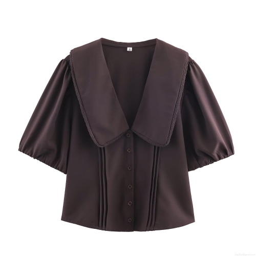 Women's Retro Coffee Polyester Blouse Elegant Bubble Sleeve Lace Trim Peter Pan Collar Button Down Shirt For Daily Wear Women Fashion Tops