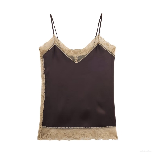 Women's Sexy Satin V-Neck Camisole With Lace Trim Slim Fit Silk Texture Sleeveless Tank Top For Party Dating Clubwear