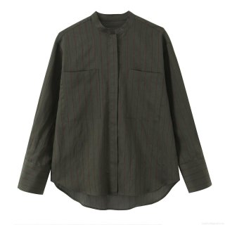 Women's Vertical Striped Long Sleeve Stand Collar Shirt Polyester Casual Blouse With Double Pockets High Low Hem Fashion Striped Tops For Women