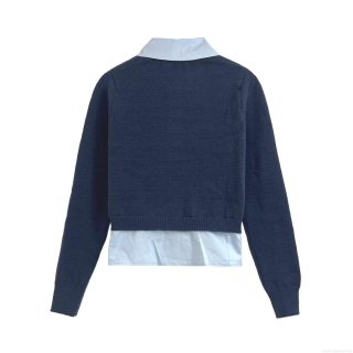 Women's Fake Two-Piece Knit Sweater Contrast Color Polo Collar Cardigan Shirt Hybrid Long Sleeve Nylon Polyester Viscose Blend Top With Gold Buttons For Casual Daily College Style