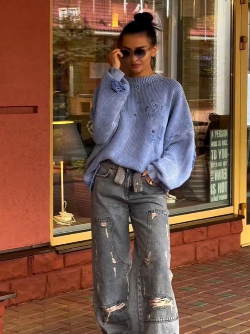Women's Vintage Wasteland Distressed Knit Sweater Oversized Drop Shoulder Pullover Long Sleeve Lazy Style Worn-out Hole Aesthetic Top Women's Vintage Wasteland Distressed Knit Sweater Oversized Drop Shoulder Pullover Long Sleeve Lazy Style Worn-out Hole Aesthetic Top