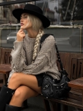 Women's Fashion Fringe Distressed Knit Sweater Cotton Blend Long Sleeve Round Neck Loose Casual Pullover Streetwear Top