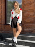 French Vintage Sweet Strawberry Flocked Knit Cardigan Sweater Women Pearl Button Round Neck Long Sleeve Cotton Blend Casual Top