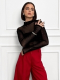 Women Sexy See-Through Black Mesh Long Sleeve T-Shirt With Rhinestones Elegant Slim Fit Sheer Top For Party Clubwear Streetwear Y2K Fashion