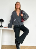 Women Grey Knit Cardigan Sweater With Satin Bowknot V Neck Single Breasted Long Sleeve Acrylic Wool Blend Patchwork Elegant Casual Streetwear Tops