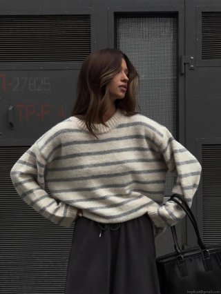 Women's Oversized Striped Knit Sweater Cotton Viscose Blend Loose Pullover Crewneck Long Sleeve Jumper Top Casual Streetwear For Spring Autumn Wear Women's Oversized Striped Knit Sweater Cotton Viscose Blend Loose Pullover Crewneck Long Sleeve Jumper Top Casual Streetwear For Spring Autumn Wear