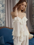 Women Sexy Backless Ruffle Camisole Mesh Satin Sleeveless Top Pearl Button Wood Ear Trim Streetwear Summer Party White Tank Top