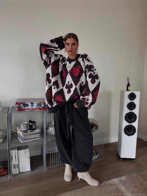 Women's Oversized Knitted Sweater Poker Card Heart Spade Print Argyle Crew Neck Long Sleeve Casual Streetwear Pullover Tops Warm Winter Fashion Women's Oversized Knitted Sweater Poker Card Heart Spade Print Argyle Crew Neck Long Sleeve Casual Streetwear Pullover Tops Warm Winter Fashion