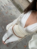 Women's Elegant Satin Deep V Neck Crop Top Sexy Lace-up Lantern Sleeve Slim Fit Blouse Solid Color Champagne Party Streetwear Fashion Long Sleeve Top for Ladies