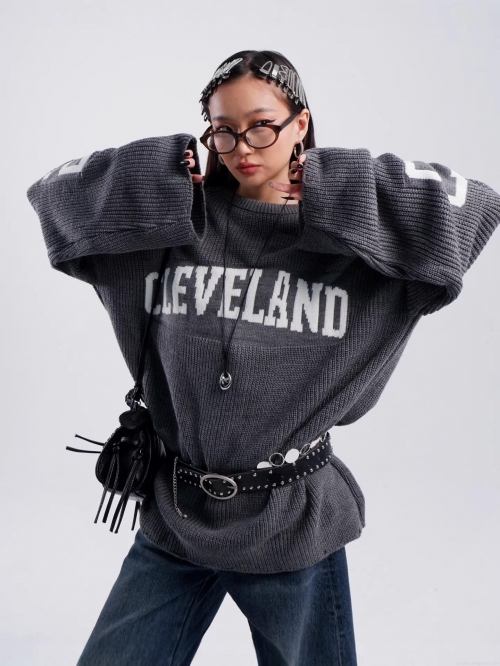 Women's Oversized Knitted Sweater Cleveland Letter Jacquard Cotton Blend Soft Warm Loose Fit Streetwear Y2K Casual Vintage Autumn Winter Pullover Tops Women's Oversized Knitted Sweater Cleveland Letter Jacquard Cotton Blend Soft Warm Loose Fit Streetwear Y2K Casual Vintage Autumn Winter Pullover Tops