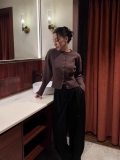 Women's Slim Fit Cotton Blend Knit Cardigan Sweater Round Neck Long Sleeve Solid Color Button Up Ribbed Crop Top For Streetwear Daily Wear