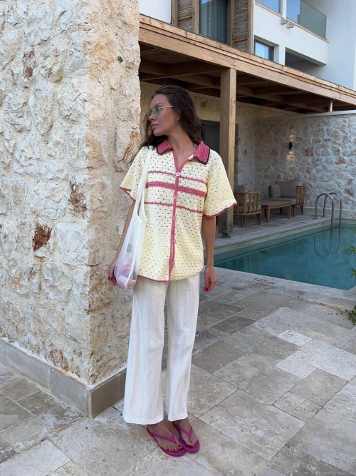 Women's Hollow Out Crochet Knit Cardigan Cotton Blend Polo Collar Contrast Stripe Short Sleeve Sweater Top For Summer Vacation Casual