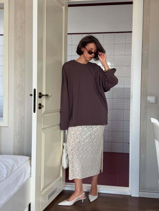 Women's Oversize Long Sleeve T-Shirt Knitted Cotton Blend Maillard Brown Pullover Top Loose Round Neck Casual Daily Autumn Shirt for Women