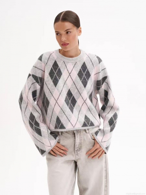 Women Vintage Argyle Knit Sweater Cotton Blend Round Neck Long Sleeve Color Block Pullover Loose Casual Preppy Style Ladies Knitwear Top Women Vintage Argyle Knit Sweater Cotton Blend Round Neck Long Sleeve Color Block Pullover Loose Casual Preppy Style Ladies Knitwear Top